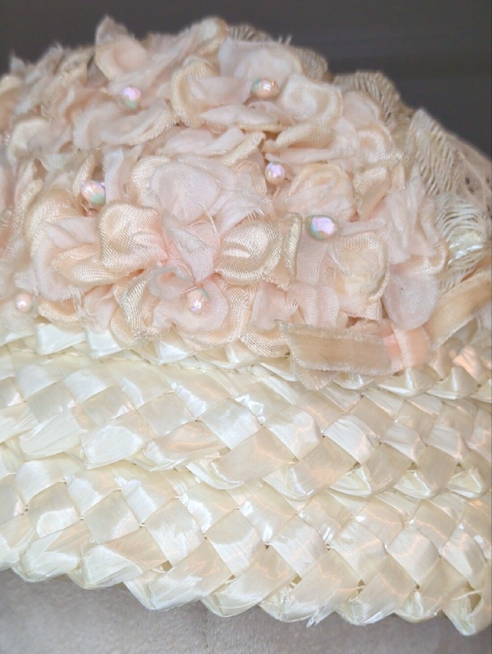 Vintage 60s Ivory Straw Cloche Hat Pink Floral Trim Mid Century Union Label - Picture 6 of 13